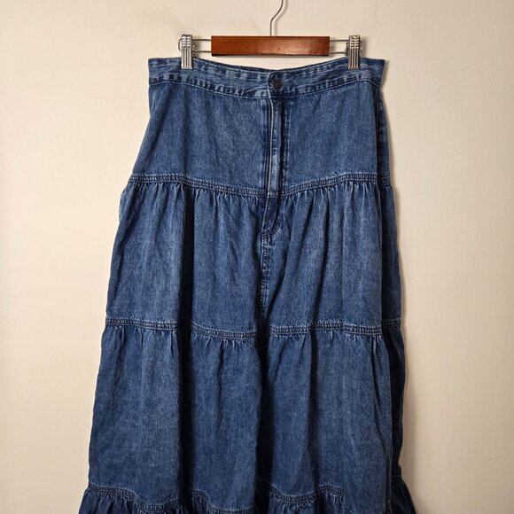 KanCan Size L Thalia Denim Tiered Maxi Skirt Dark Wash Zip-Fly Cottagcore - Picture 8 of 13